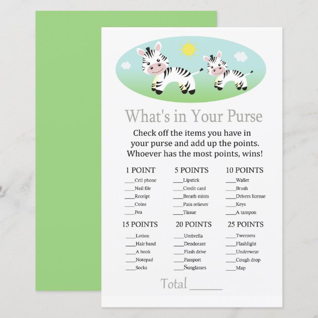 Zebra Vad har du i handväskan spel baby shower (Fram/baksida)