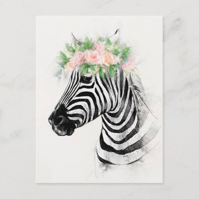 Zebra Wearing a Flower Krona Porträtt Vykort (Framsida)