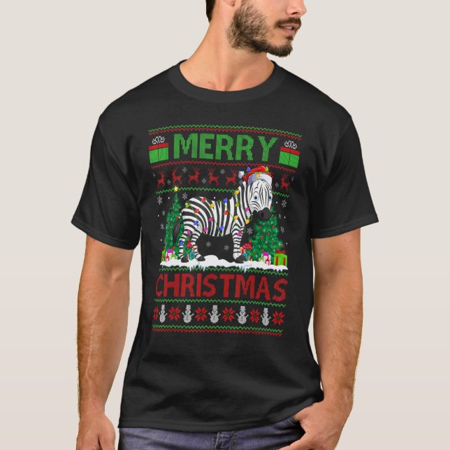 Zebra   Xmas Tree Lights Ugly Santa Zebra Christma T Shirt (Framsida)
