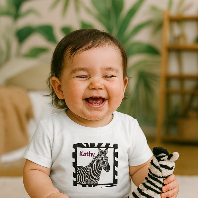 Zebra Zoo Animal Flicka T-Shirt (Personalized tee with zebra toy perfect for playful toddlers in pink jeans and happy giggles!)