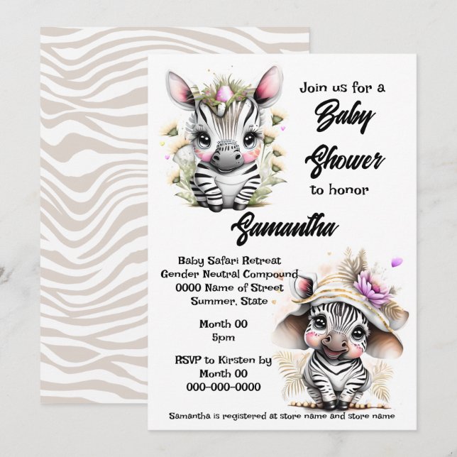 Zebradjle safari babydusch vilda djur inbjudningar (Fram/baksida)