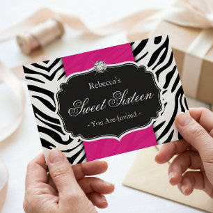 Zebraprint Hot Pink Sweet 16 Sweet Sixteen Party Inbjudningar