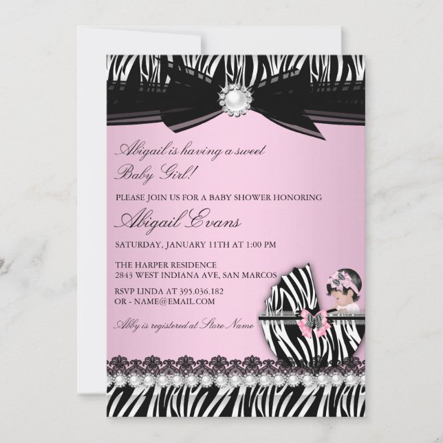 Zebraprint och rosett Babyflicka Bebisens första f Inbjudningar (Framsida)