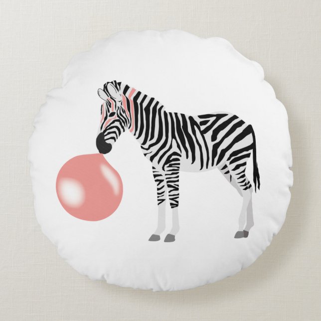 Zebrastripa som blåser bubbla med tuggummi rund kudde (Framsidan)