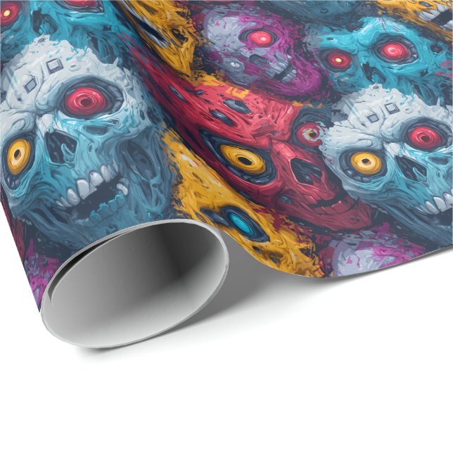 Zed Head - Neon Zombie Horde Mönster Presentpapper (Rullad Hörn)