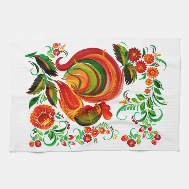 Zeichnung eines Hahns im Volksstil. Kökshandduk (Horisontell)