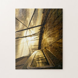 Zeiljacht bij ochtendzon met wolken lucht. pussel