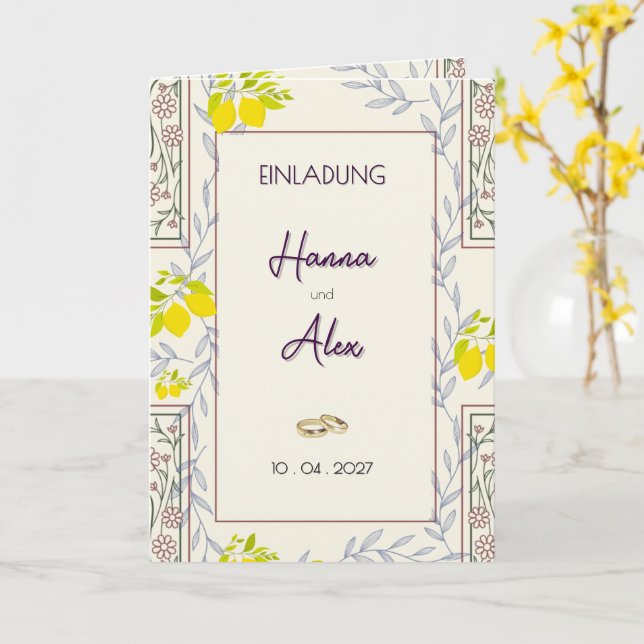 Zeitlos Botanical + Zitrone Hochzeitseinladung -  Kort (Gul blomma)