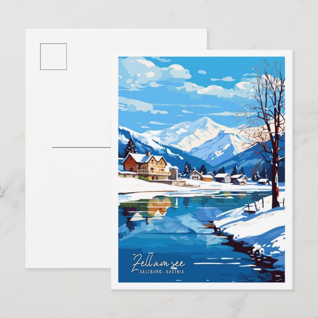 Zell am Se Salzburg Austria Travel Illustration Vykort (Fram/baksida)