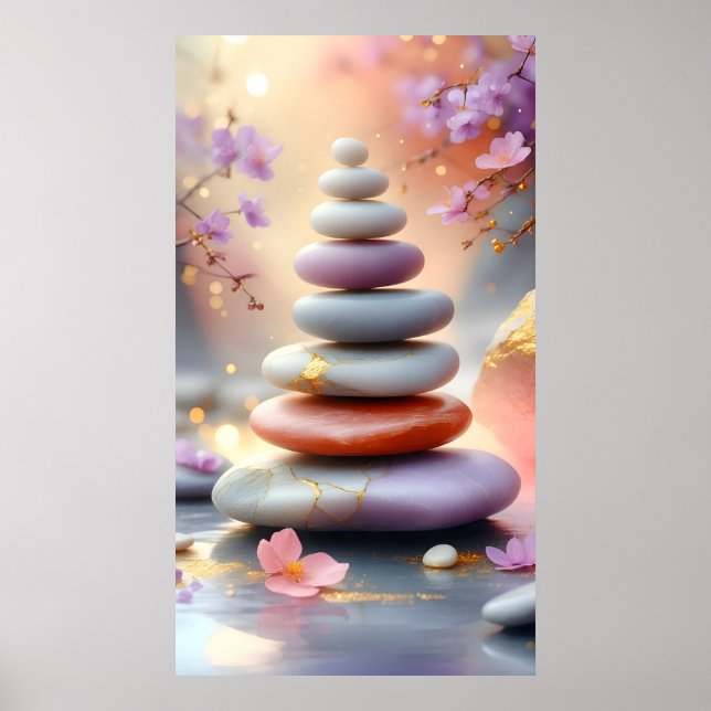 Zen Andlig Stones Balance Blommigt Art Poster (Framsidan)