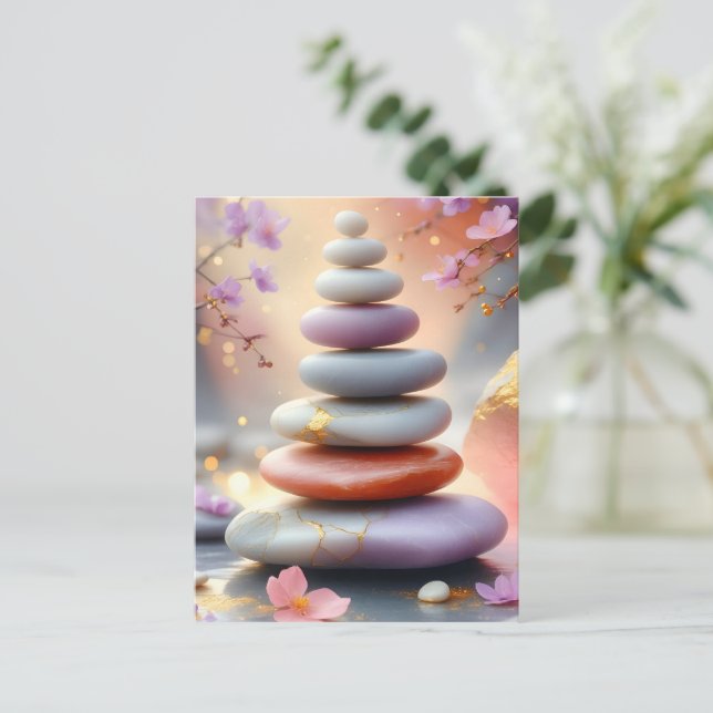 Zen Andlig Stones Balance Blommigt Art Vykort (Stående Fram)