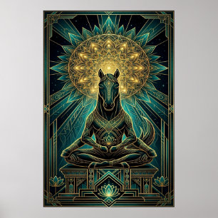 Zen Art Deco Häst Siluett Andlig Guld Poster