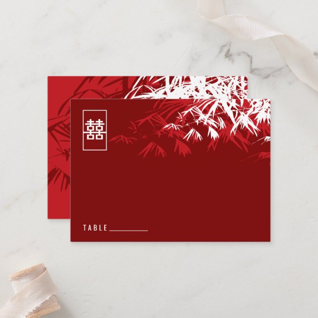 Zen Bamboo Lämnar Dubbla Happity Chinese Bröllop Placeringskort (Fram/Back In Situ)