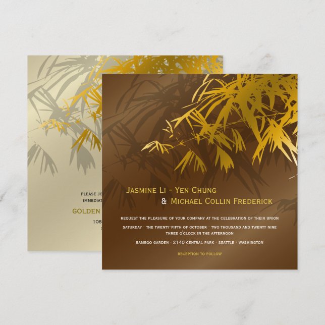 Zen Bamboo Löv Guld & Brown Chic Asian Bröllop Inbjudningar (Fram/baksida)