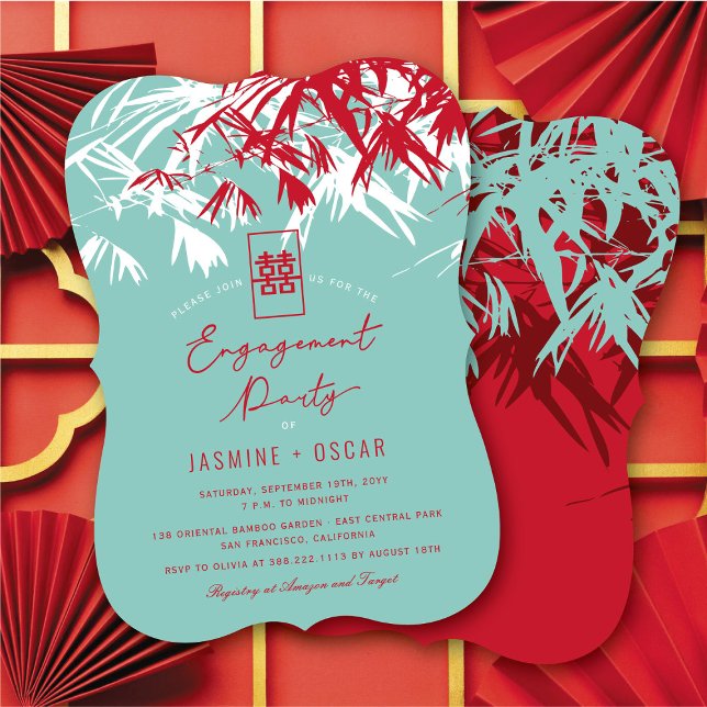 Zen Bamboo Löv Modern kinesisk Förlovningsfest Inbjudningar (Zen Bamboo Leaves Modern Chinese Engagement Party Invitation @ fatfatin_red_knot)