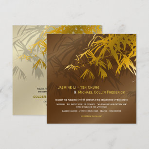 Zen Bambu Blad Guld & Brun Chic Asiatisk Bröllop Inbjudningar