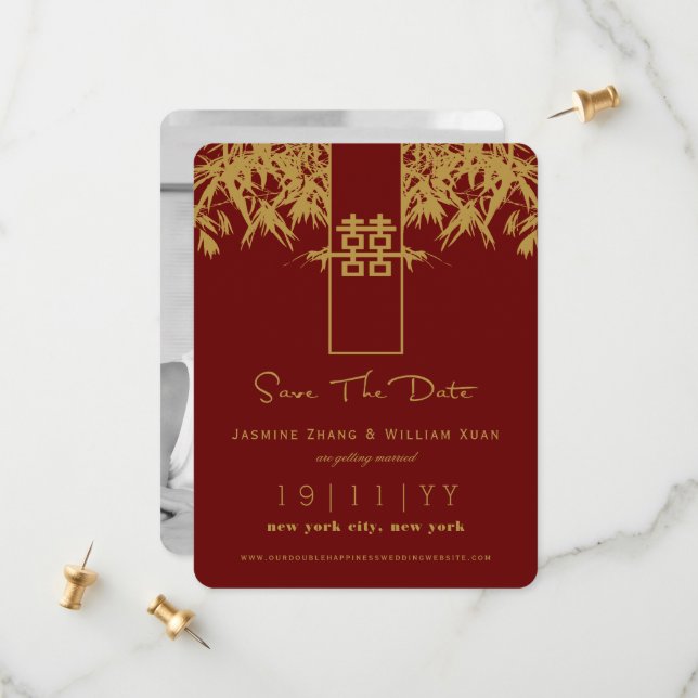 Zen Bambu Dubbel Lycka Kinesisk Förhandsinbjudan Spara Datumet (Fram/Back In Situ)