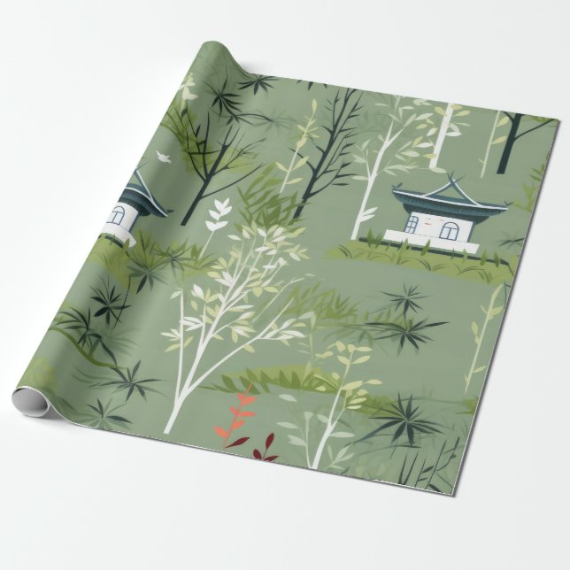 Zen Bambu Skog Botanisk Mönster (2) Presentpapper (Utrullad)
