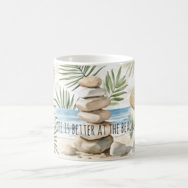 Zen Beach Rocks Tropical Shells Palm Leaves Kaffemugg (Center)