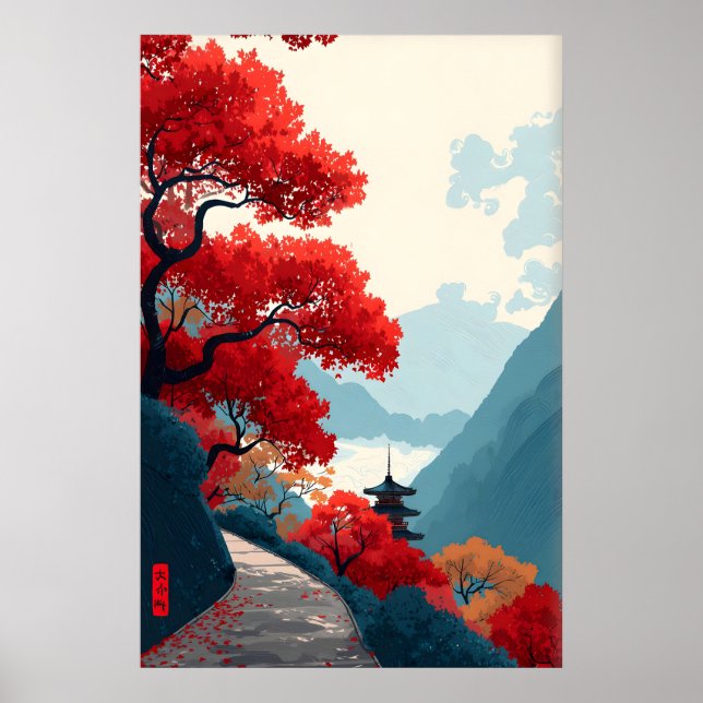 Zen Bergsposter Röda Lövträd, Minimalistisk Poster (Framsidan)