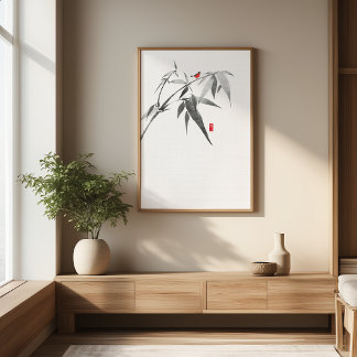 Zen Bird on Bamboo - Minimalist Bläck Wall Art Fototryck