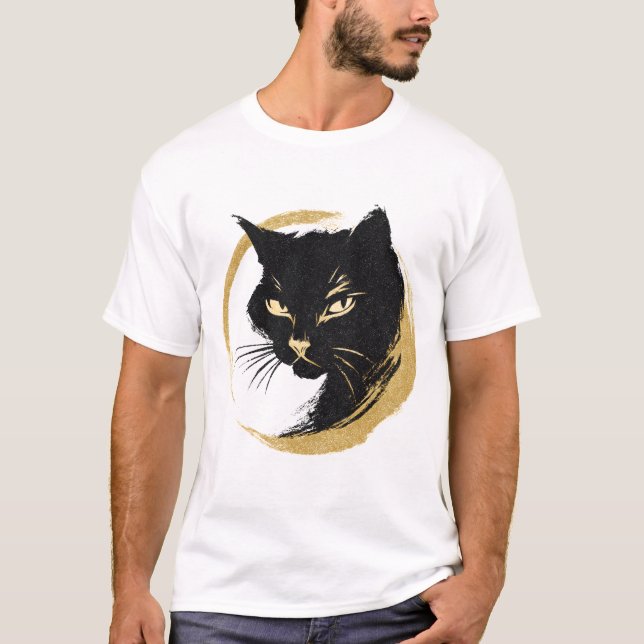 Zen Black Cat Gold Enso Minimalist Art Poster. T Shirt (Framsida)