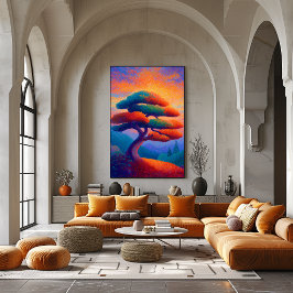 Zen Bonsai Träd Pointillism Landskaps Konst Poster