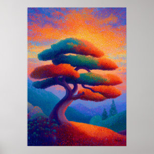 Zen Bonsai-träd Punktualism Landskaps Konst Poster