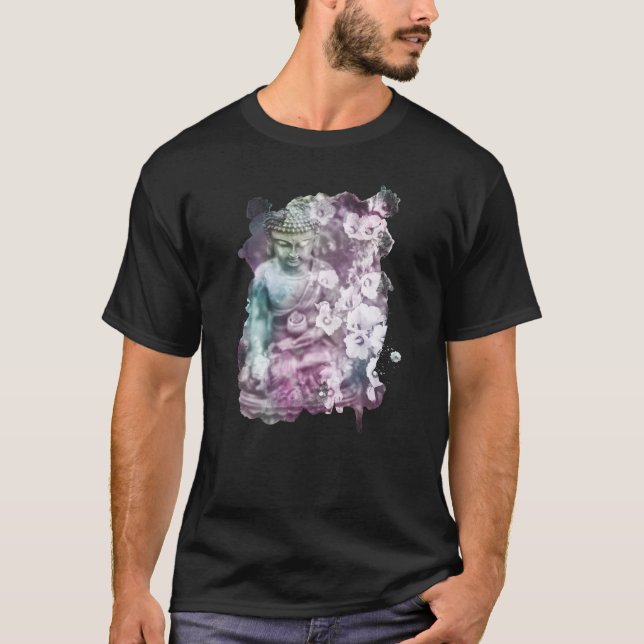 *~* Zen Buddha Flowers Pastel Black Manar T Shirt (Framsida)