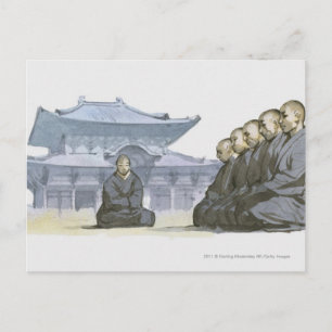Zen Buddhist munk går på knä utanför templet Vykort
