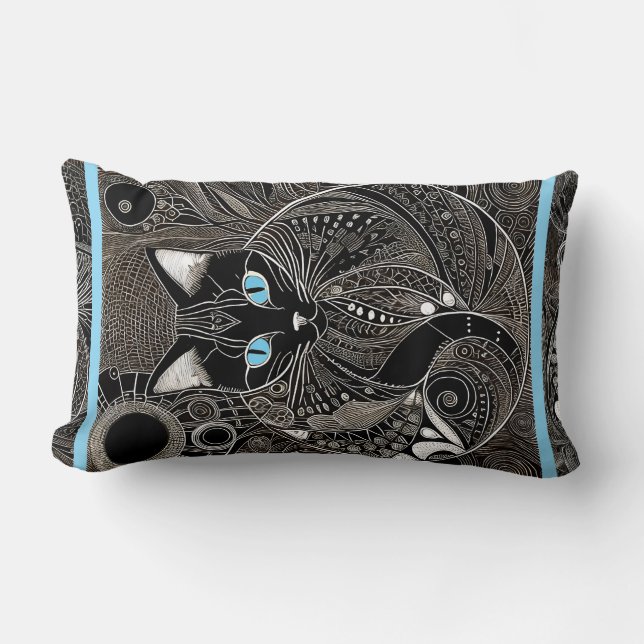 Zen Cat Assion, New Måne Blue Rand Lumbarkudde (Framsida)