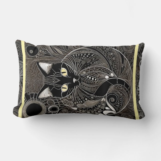 Zen Cat Assion, New Måne Gult Rand Lumbarkudde (Framsida)