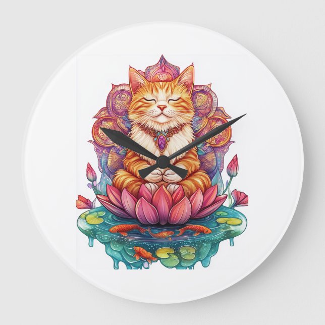 Zen Cat Vibes � Mediterande Kitty Psykedelisk Stor Klocka (Framsida)