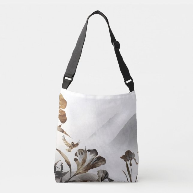 Zen Dimma Berg Fåglar Minimalistisk Natur Axelväska (Framsida)