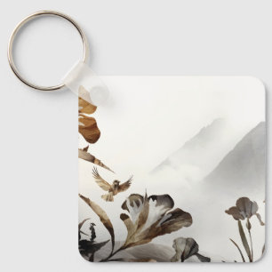 Zen dimma berg fåglar minimalistisk natur nyckelring