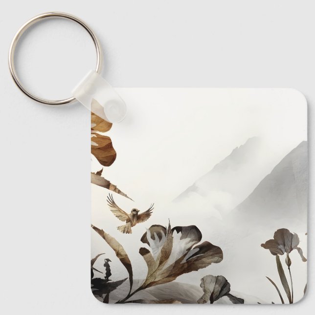 Zen dimma berg fåglar minimalistisk natur nyckelring (Framsida)