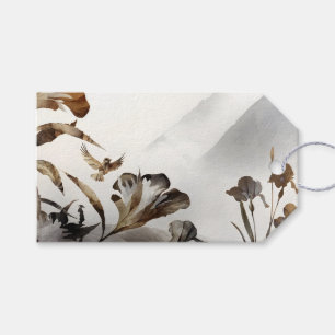 Zen Dimma Berg Fåglar Minimalistisk Natur Presentetikett