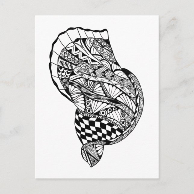 Zen doodle art sea snäcka svartvit mönster vykort (Framsida)