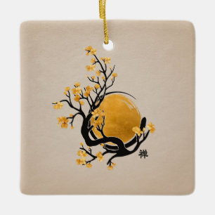 Zen Enso Circle, Golden Sol och Sakura Blommar Julgransprydnad Keramik