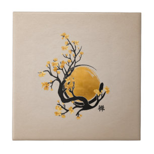 Zen Enso Circle, Golden Sol och Sakura Blommar Kakelplatta