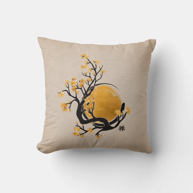 Zen Enso Circle, Golden Sol och Sakura Blommar Kudde (Framsida)
