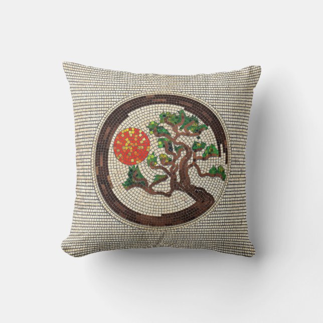 Zen Enso Circle och Bonsai Träd Mosaic Kudde (Framsida)