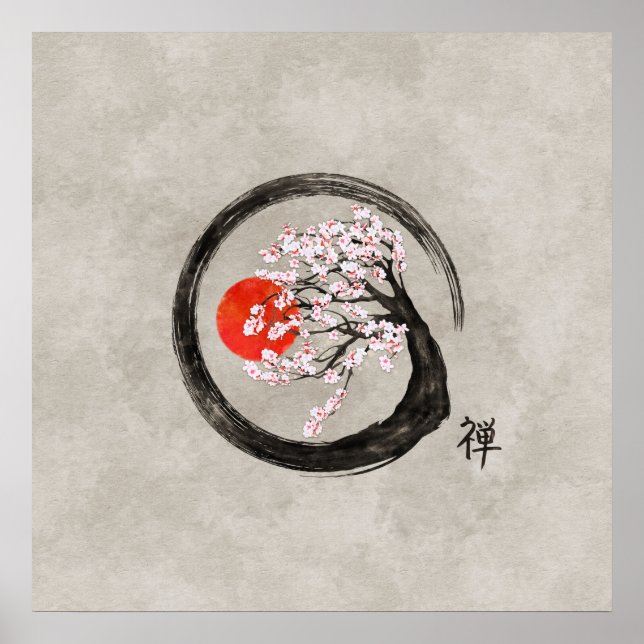 Zen Enso Circle och Sakura Träd på Canvas Poster (Framsidan)