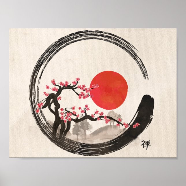 Zen Enso Circle och Sakura Träd Poster (Framsidan)