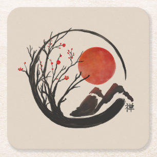 Zen Enso Circle och Sakura Träd Underlägg Papper Kvadrat