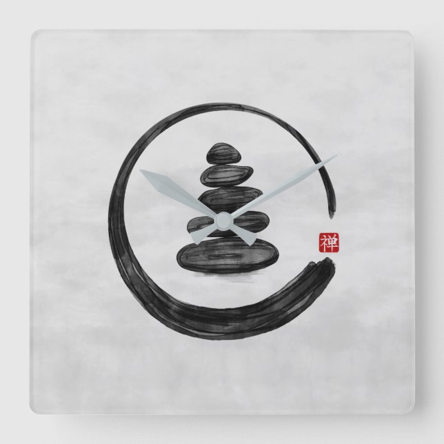 Zen Enso Circle och Zen stones - Vattenfärg Fyrkantig Klocka (Framsida)