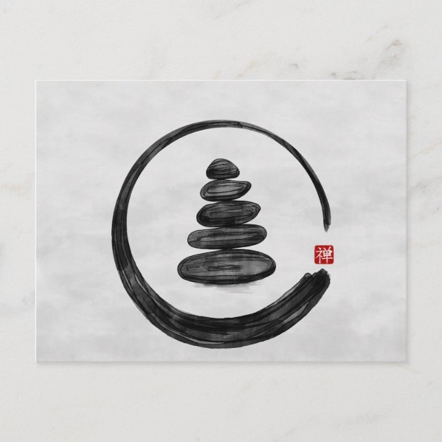 Zen Enso Circle och Zen stones - Vattenfärg Helg Vykort (Framsida)