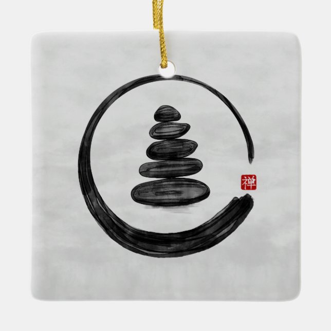 Zen Enso Circle och Zen stones - Vattenfärg Julgransprydnad Keramik (Framsida)