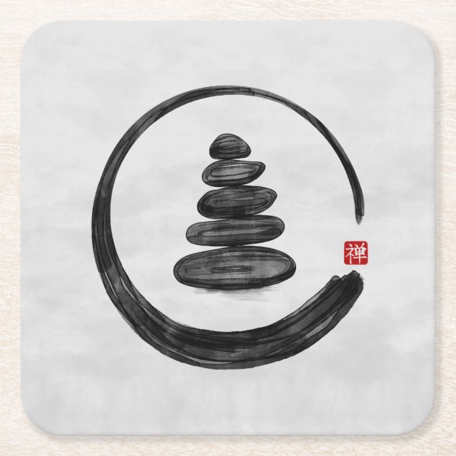 Zen Enso Circle och Zen stones - Vattenfärg Underlägg Papper Kvadrat (Framsidan)