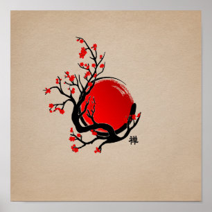 Zen Enso Circle, Sol och Red Sakura Blommar Poster